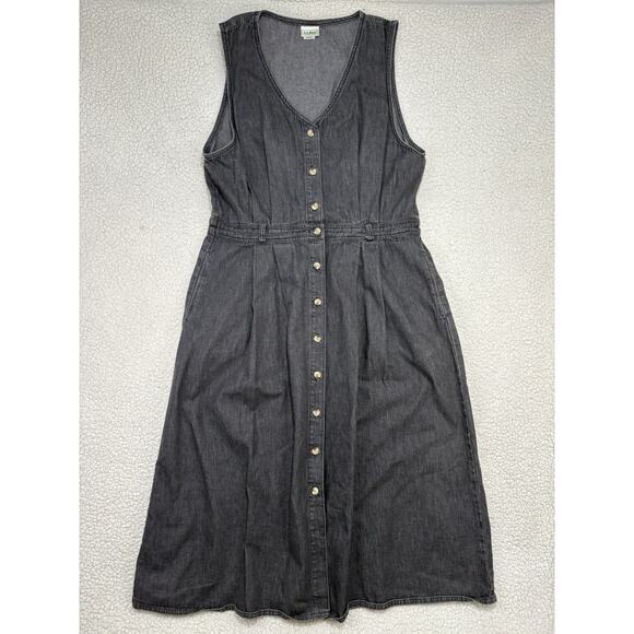 Vtg LL Bean Denim Button Front Jumper Dress Plus Size 20 Petite Grey USA Made - Picture 1 of 7